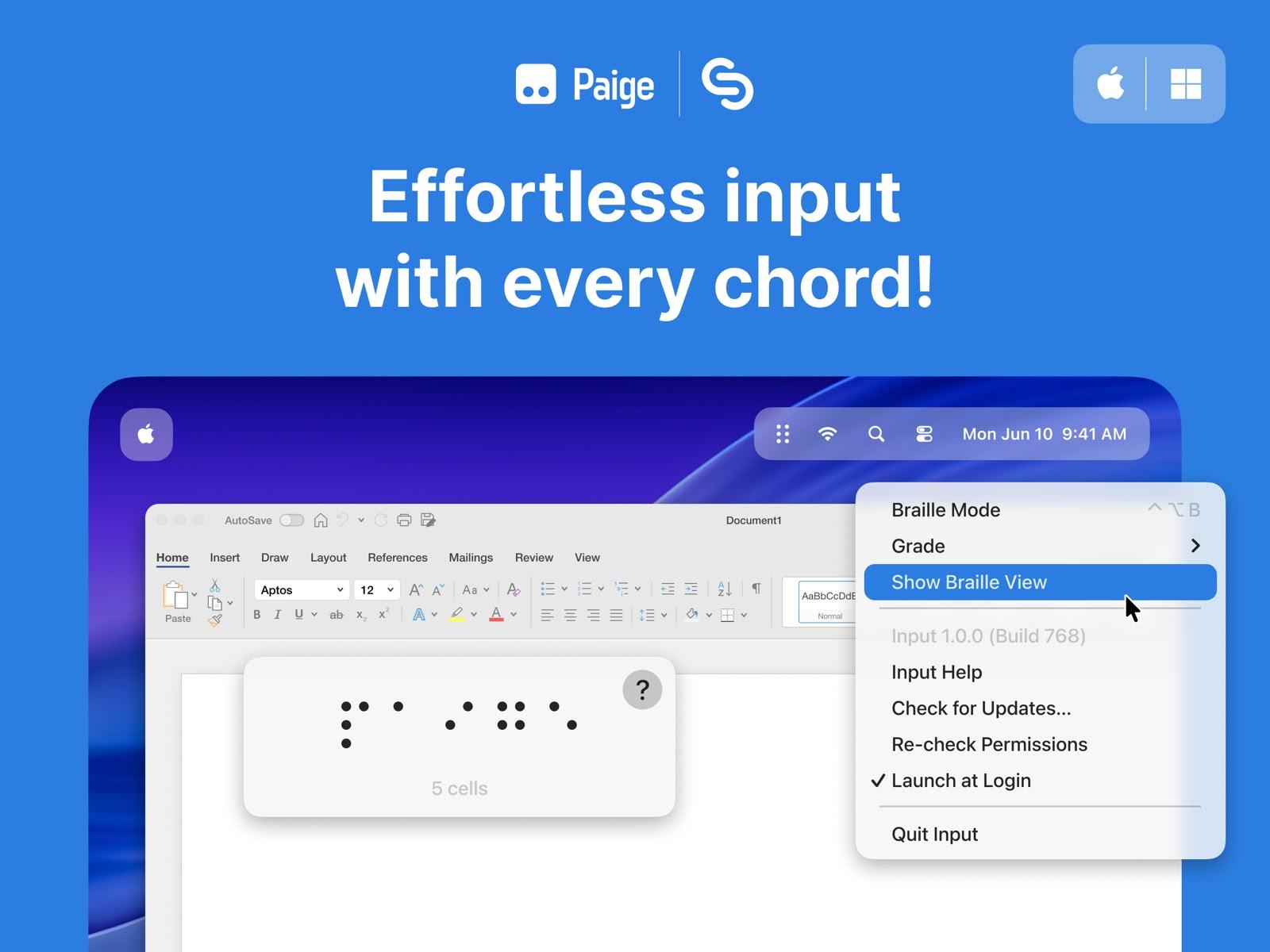 Paige Input's floating Braille View showing 5 braille cells over a Word document on macOS, with the menu bar's Braille Mode options open