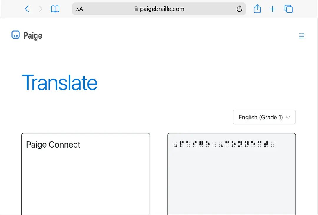 Screenshot of the Paige website open in a browser with the Translate tab selected.