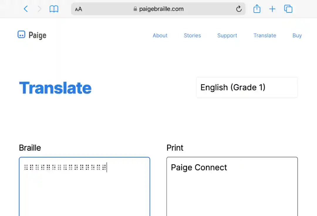 Screenshot of the Paige website open in a browser with the Translate tab selected.